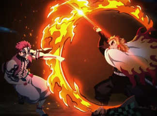 Pertarungan epik antara Akaza, Iblis Bulan Atas, melawan Kyojuro Rengoku, Pilar Api, di Demon Slayer: Infinity Castle.