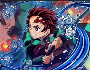 Animasi Tanjiro Kamado dalam Kimetsu no Yaiba, menampilkan gerakan pedang halus dan ekspresi dramatis