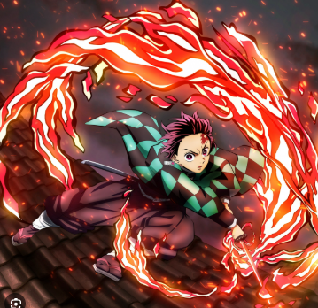 Kimetsu no Yaiba Season 3 Episode 5 Tanjiro Kamado, karakter utama Kimetsu no Yaiba, beraksi dengan pedang dan aura semangat juangnya
