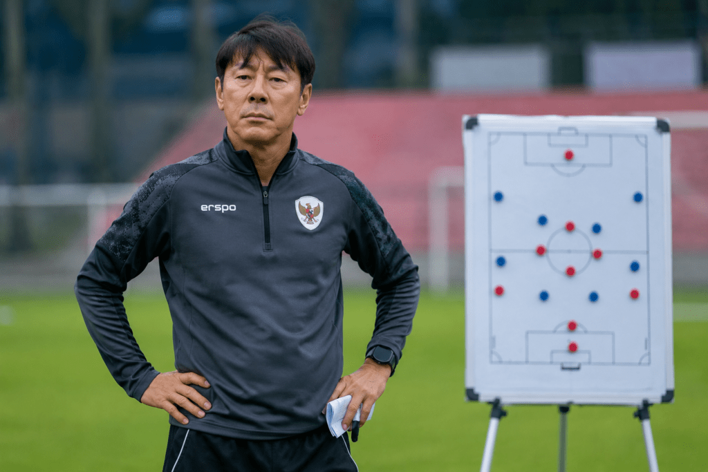 Shin Tae-yong saat memimpin sesi latihan sepak bola.