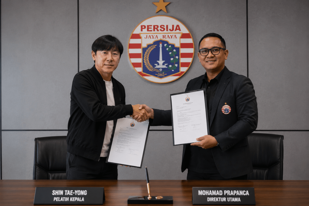 Penandatanganan kontrak Shin Tae-yong bersama Persija Jakarta.