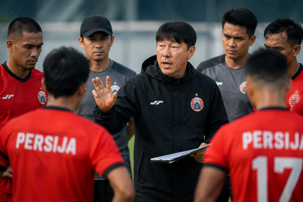 Shin Tae-yong memberikan instruksi kepada pemain Persija.