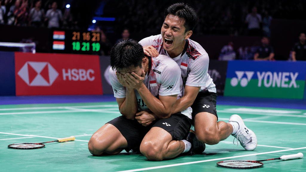 Leo dan Daniel tersungkur di karpet lapangan meluapkan kegembiraan haru usai menutup gim ketiga 21-18.