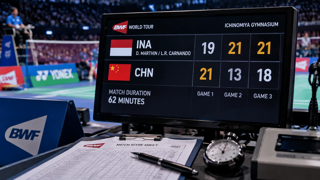 Papan skor elektronik pertandingan final ganda putra menampilkan skor rubber game 19-21, 21-13, 21-18.