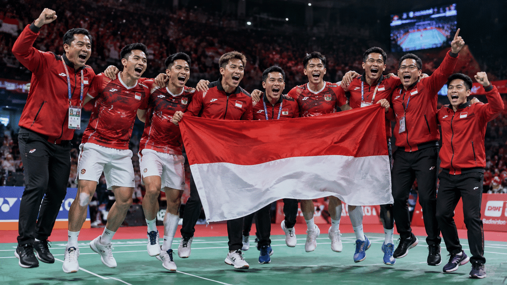 Skuad tim bulu tangkis beregu putra Indonesia merayakan medali emas usai mengalahkan China 3-2.