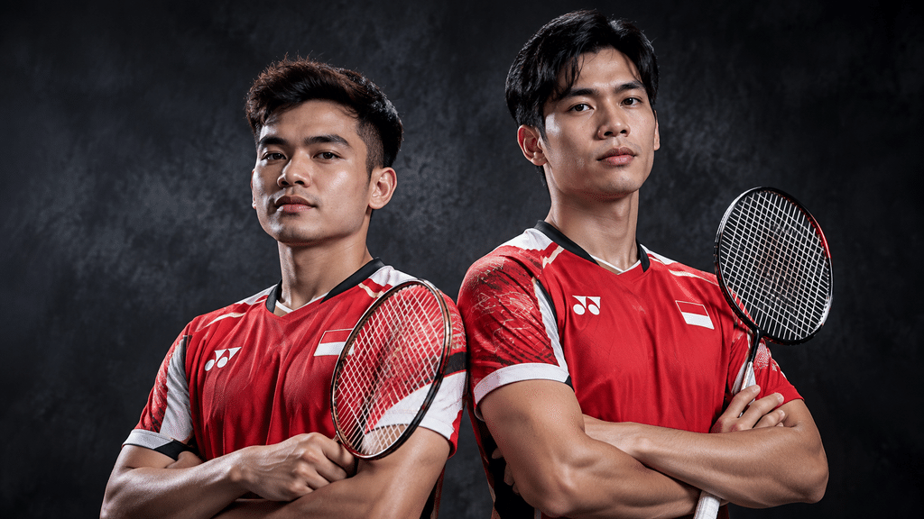 Potret profil resmi Leo Rolly Carnando dan Daniel Marthin dengan jersey bulu tangkis nasional di pelatnas.