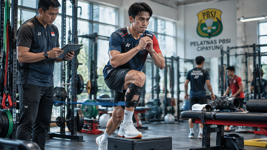 Daniel Marthin menjalani sesi latihan penguatan lutut bersama tim medis fisik di Pelatnas Cipayung.