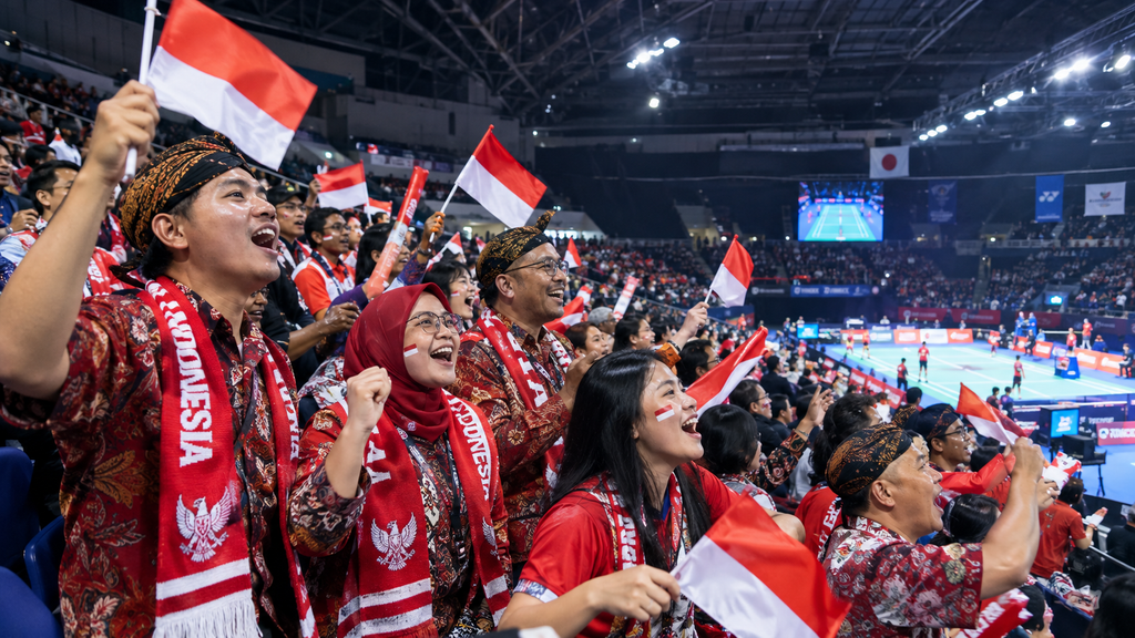 Suporter bulu tangkis Indonesia bersorak mengibarkan bendera Merah Putih di tribun penonton arena Jepang.